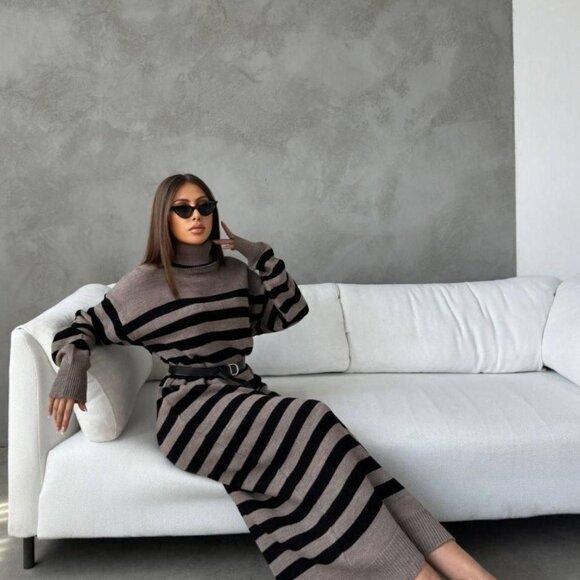 Sweaters - Striped Oversized Sweater Dress with Belt Casual Chic Gray/Black - S, M, L, XL